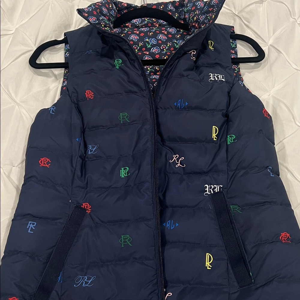 Ralph Lauren Navy Puffer Vest with Multicolor Embroidery